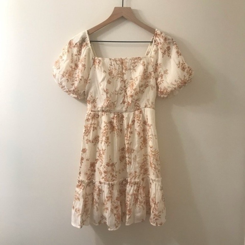 Blu Pepper Cream and Brown Floral Square Neck Puff Sleeve Mini Dress-Size Small - Picture 2 of 9